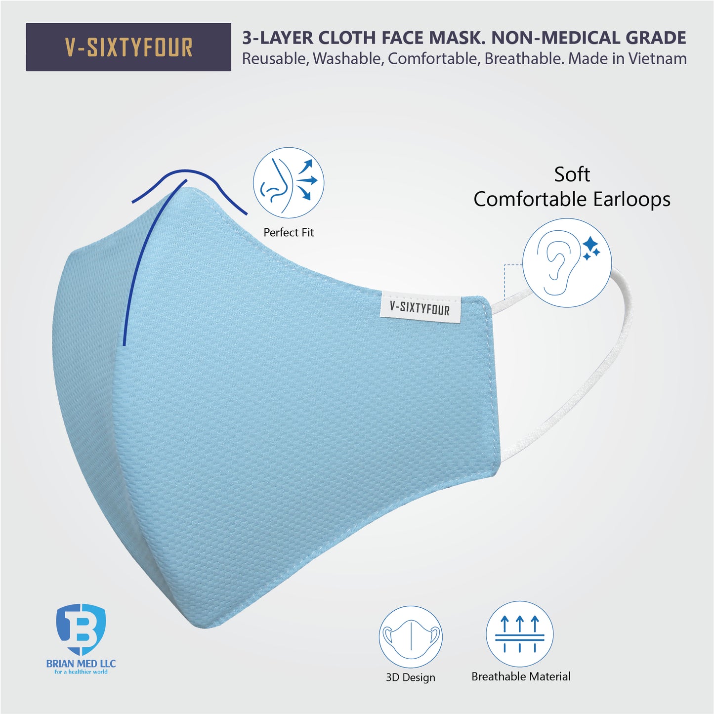 [Pack of 5] 3-Layer cloth face mask. Non-medical grade. Comfort, breathable. Made in Vietnam. BLA