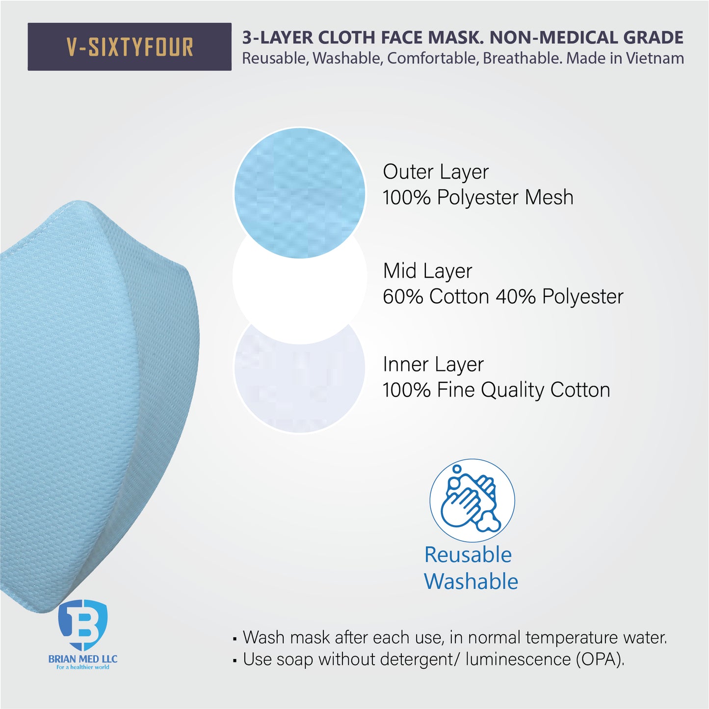 [Pack of 5] 3-Layer cloth face mask. Non-medical grade. Comfort, breathable. Made in Vietnam. BLA