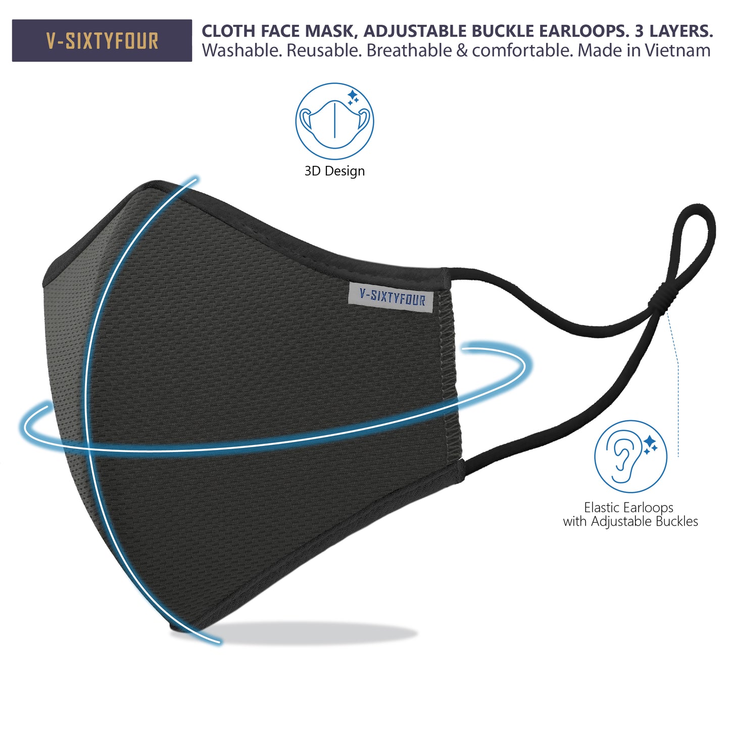 [Pack of 3] 3-Layer cloth face mask. Adjustable buckle earloops. Washable. Reusable. Breathable & comfortable. Made in Vietnam. WHI