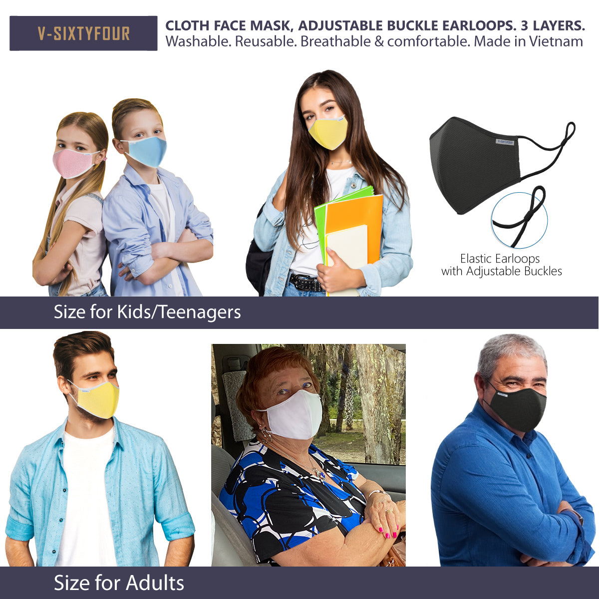 [Pack of 3] 3-Layer cloth face mask. Adjustable buckle earloops. Washable. Reusable. Breathable & comfortable. Made in Vietnam. BLA